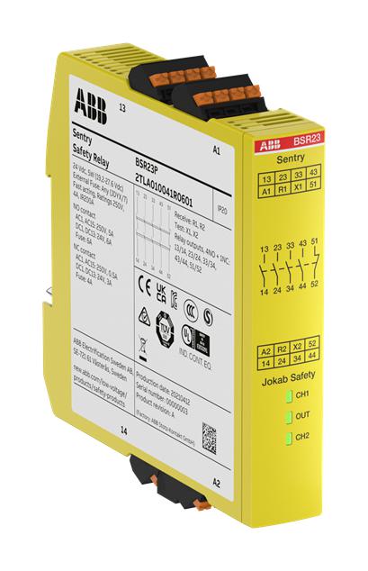 ABB 2TLA010041R0601 Safety Relay, 24 VDC, 4PST-NO, SPST-NC, Sentry BSR23P Series, DIN Rail, 5 A, Push In