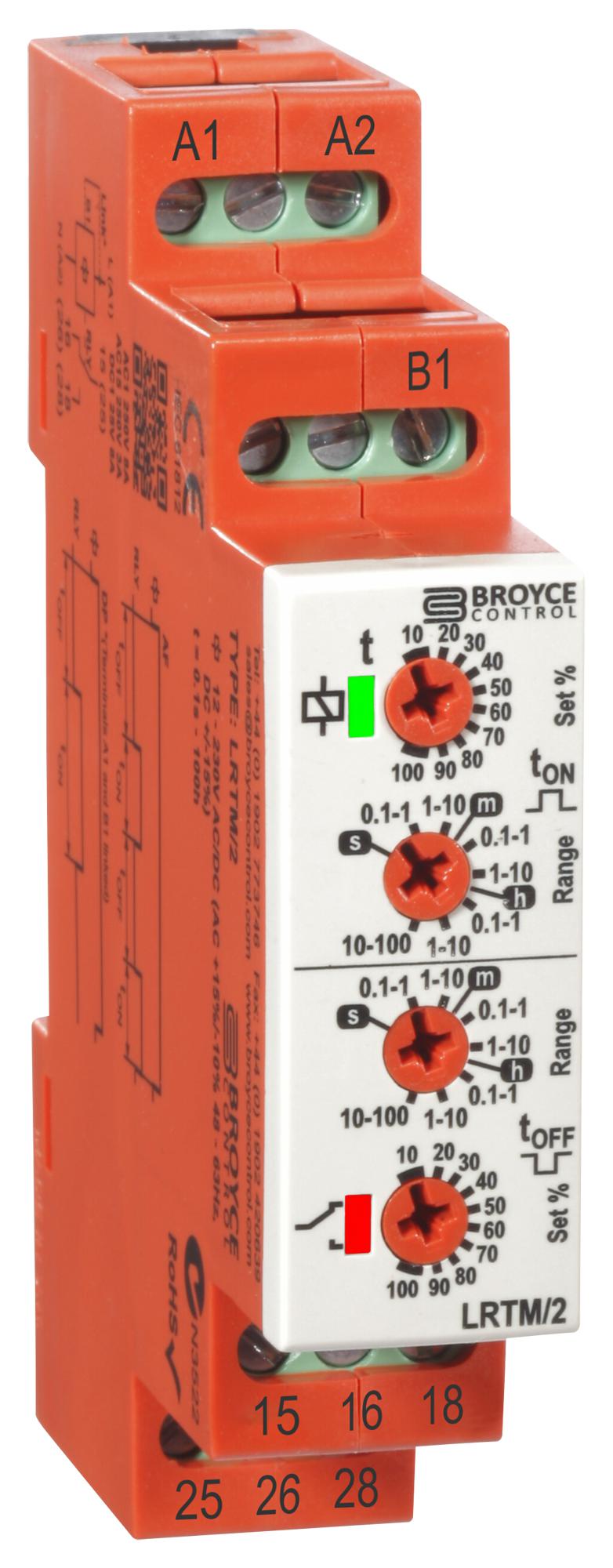 Broyce Control LRTM/2 12-230V AC/DC LRTM/2 AC/DC Analogue Timer Multifunction 0.1 s 100 h 7 Ranges 2 Changeover Relays