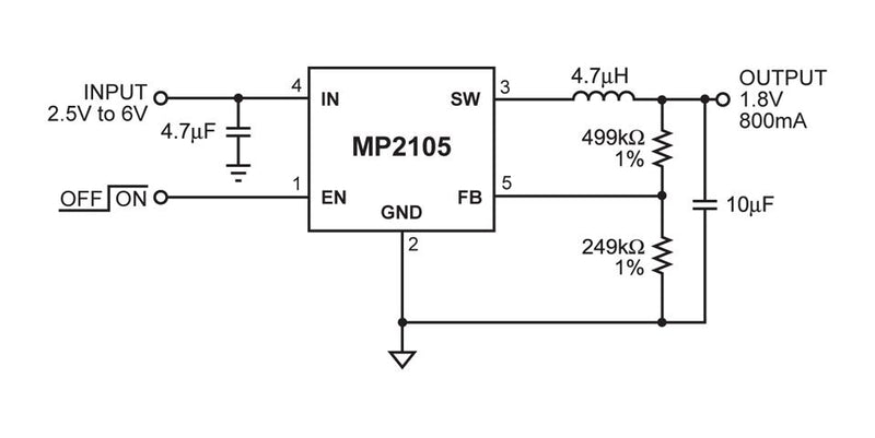 Monolithic Power Systems (MPS) MP2105DJ-LF-P MP2105DJ-LF-P DC-DC Switching Synchronous Buck Regulator 2.5V-6V in 600mV to 6V out 800mA 1.05MHz TSOT-23-5