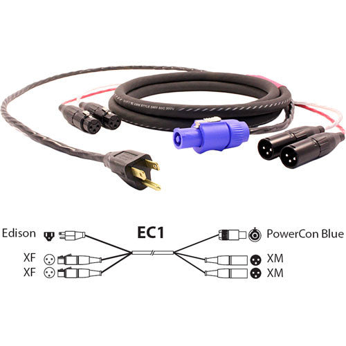 Pro Co Sound EC1 Siamese Twin AC (Edison to Powercon) & Audio (2x XLR Female to 2x XLR Male) Combo Cable- 25'