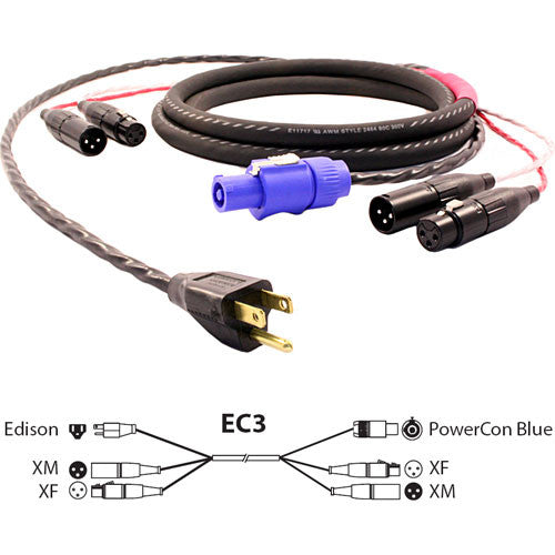 Pro Co Sound EC3 Siamese Twin AC (Edison to Powercon Blue) & Audio (XLR Male + XLR Female to XLR Female + XLR Male) Combo Cable- 25'