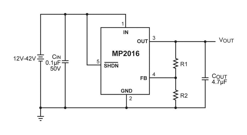 Monolithic Power Systems (MPS) MP2016DJ-LF-Z MP2016DJ-LF-Z LDO Voltage Regulator Adjustable 4V to 42V in 1.2V-42V/30mA Out TSOT-23-5