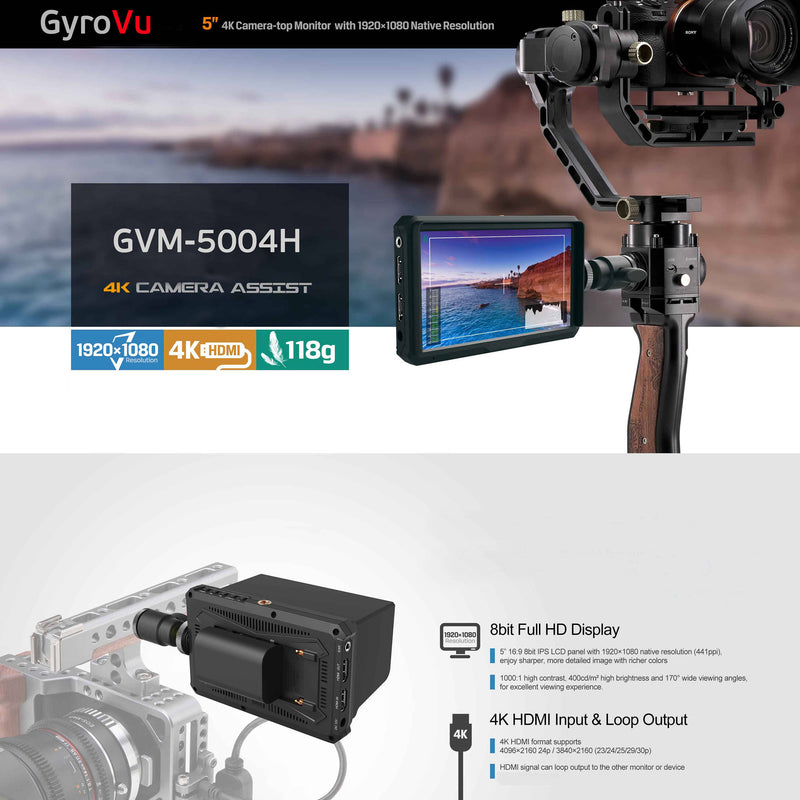 GyroVu Ultra Lightweight 5" On-Camera Monitor with Battery Kit