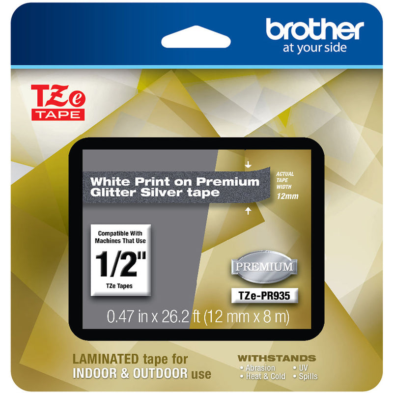 Brother Laminated Tape for P-Touch Label Makers (1/2" x 26.2', White on Glitter Silver)