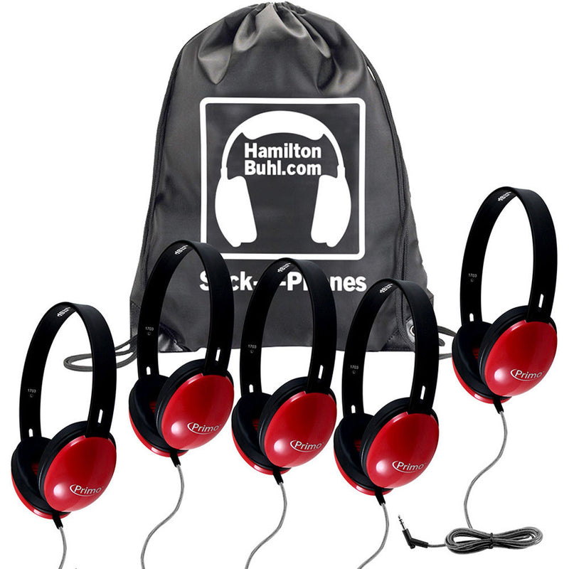 HamiltonBuhl Sack-O-Phones Primo Student Headphones (Set of 5, Red)