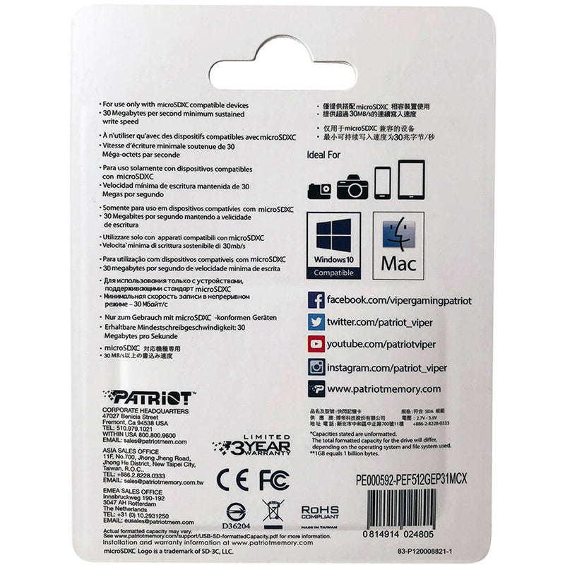 Patriot 512GB EP Series UHS-I microSDXC Memory Card with SD Adapter