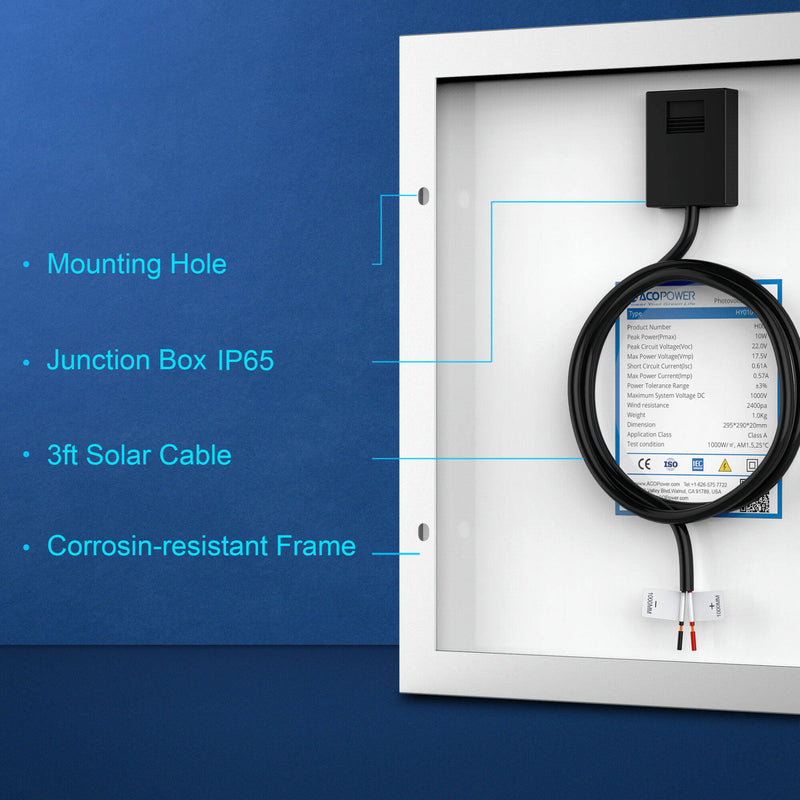ACOPower 10-Watt Monocrystalline Solar Panel, 12V