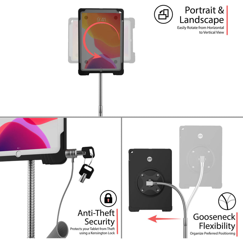 CTA Digital Security Enclosure and Height-Adjustable Gooseneck Floor Stand for Select iPads