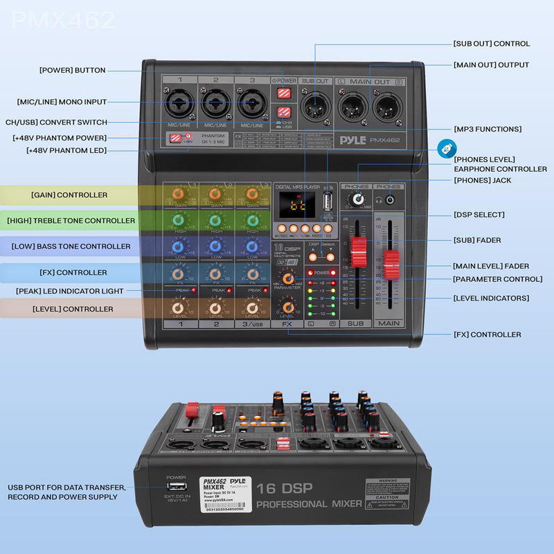 Pyle Pro PMX462 3-Channel Audio Mixer with Built-In FX and USB Interface