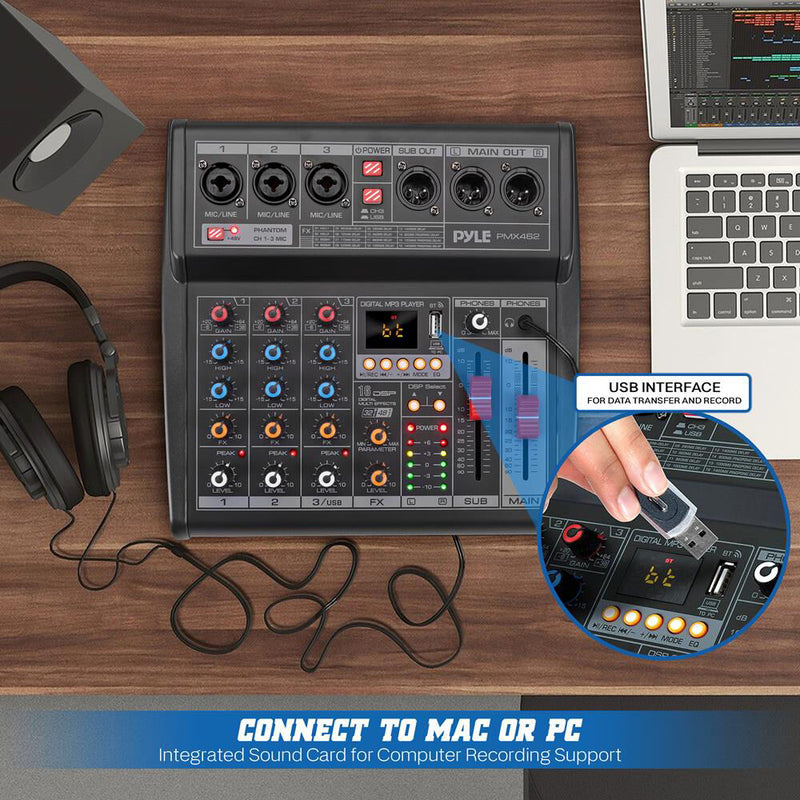 Pyle Pro PMX462 3-Channel Audio Mixer with Built-In FX and USB Interface