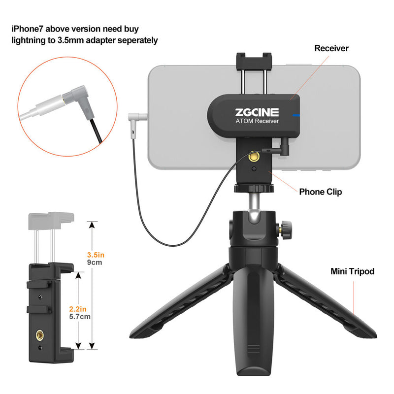 ZGCINE Atom 1V1 Wireless Microphone System with Lavalier Mic, Phone Clamp & Tripod (2.4 GHz)