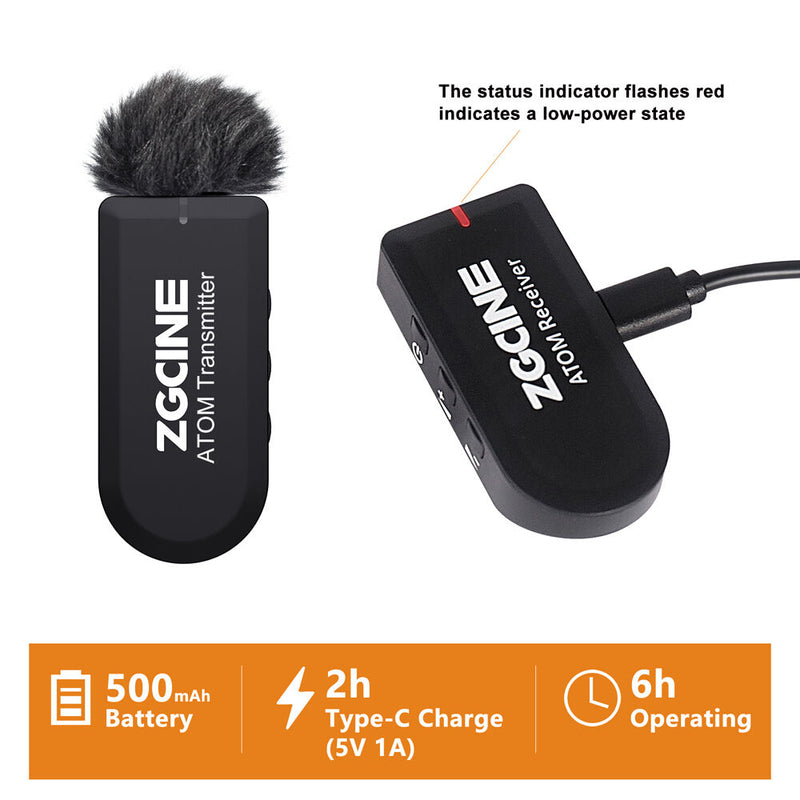 ZGCINE Atom 1V1 Wireless Microphone System with Lavalier Mic, Phone Clamp & Tripod (2.4 GHz)