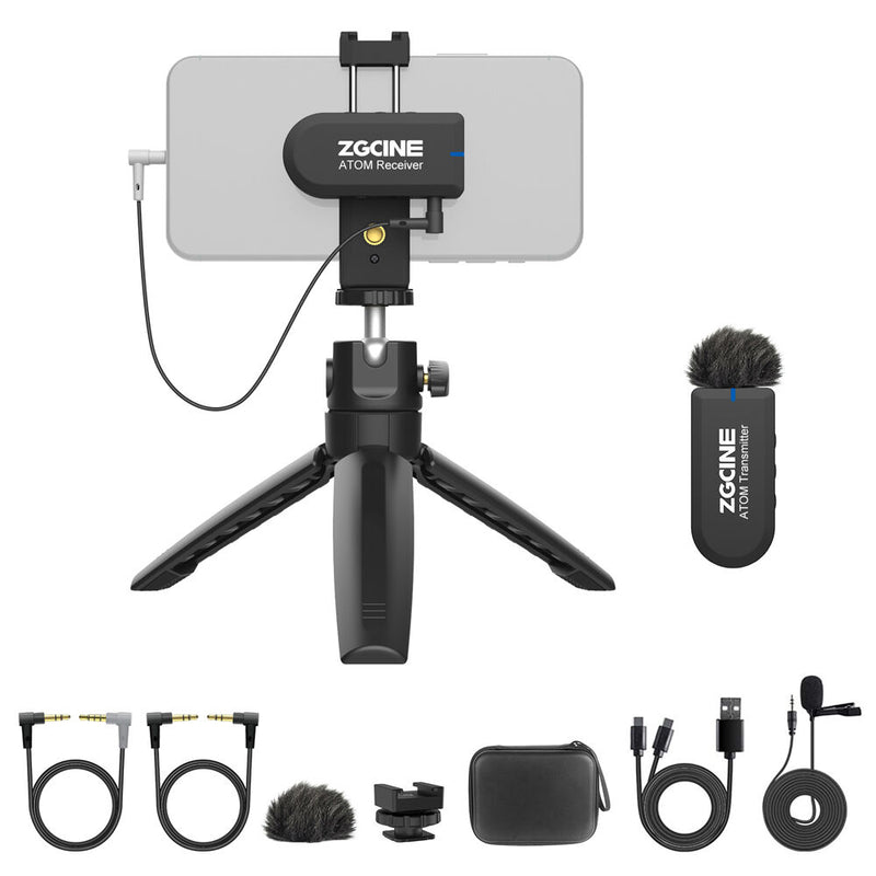 ZGCINE Atom 1V1 Wireless Microphone System with Lavalier Mic, Phone Clamp & Tripod (2.4 GHz)