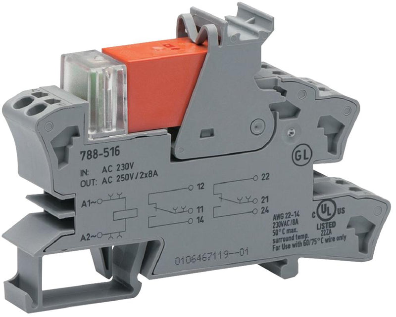 WAGO 788-516 Power Relay, DPDT, 230 V, 8 A, 788 Series, DIN Rail