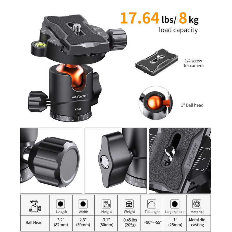 K&F Concept D225C2 Carbon Fiber Tripod with Arca-Type Ball Head and Monopod