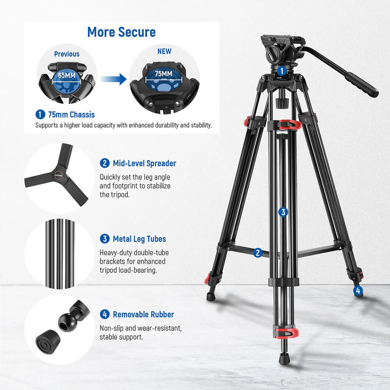 Neewer GM88 Heavy-Duty Aluminum Tripod System with Fluid Head (75mm Bowl)