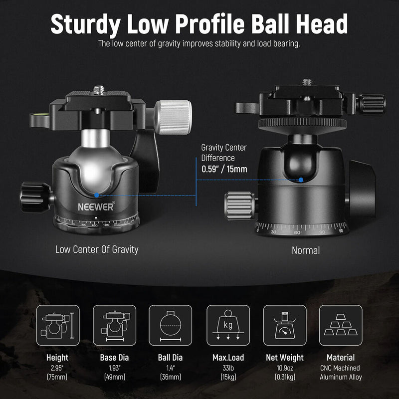 Neewer GM36 Low-Profile Ball Head with Arca-Type QR Plate