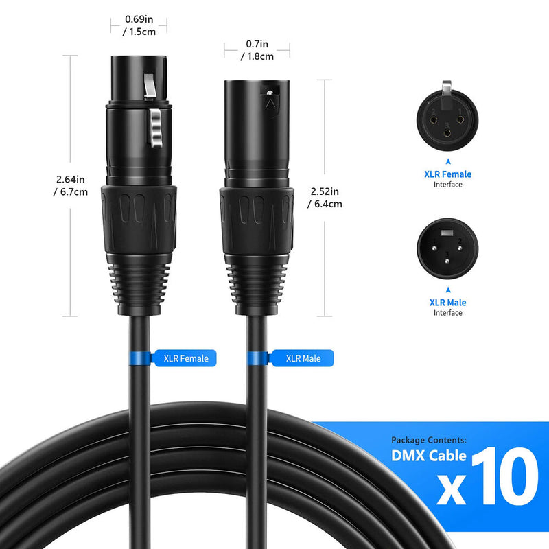 Neewer 3-Pin XLR Male to 3-Pin XLR Female Cable (6.5', 10-Pack)