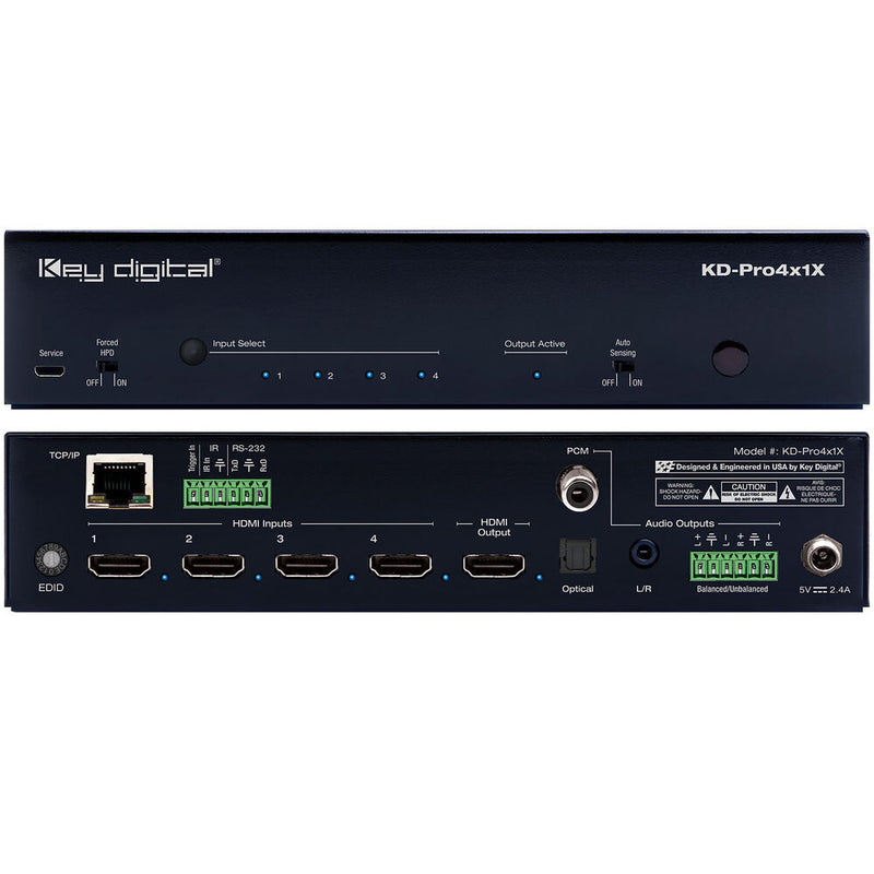 Key Digital 4x1 4K/18G HDMI Switcher with De-Embedded Audio Output, Optical Balanced Audio and IP Control