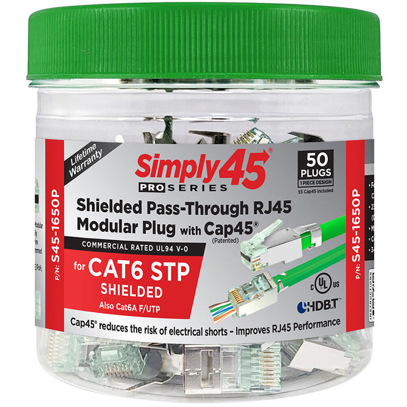 Simply45 ProSeries Cat 6 STP External Ground Pass-Through Modular Plug (50-Piece Jar)