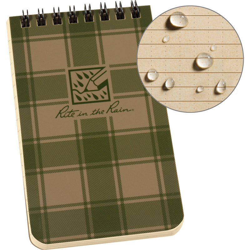 Rite in the Rain Top Spiral All-Weather Notebook (Tan and Green Plaid, 100 Pages, 3 x 5")