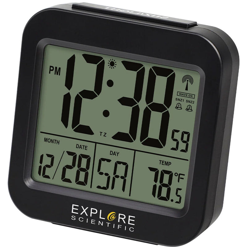 Explore Scientific Travel Alarm with Radio-Controlled Clock and Indoor Temperature Display