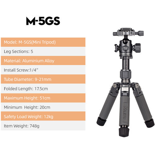 XILETU M-5GS Tabletop Tripod with G-28S Ball Head