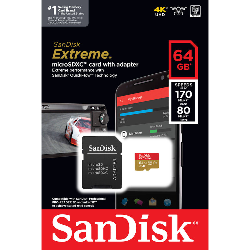 SanDisk 64GB Extreme UHS-I microSDXC Memory Card with SD Adapter