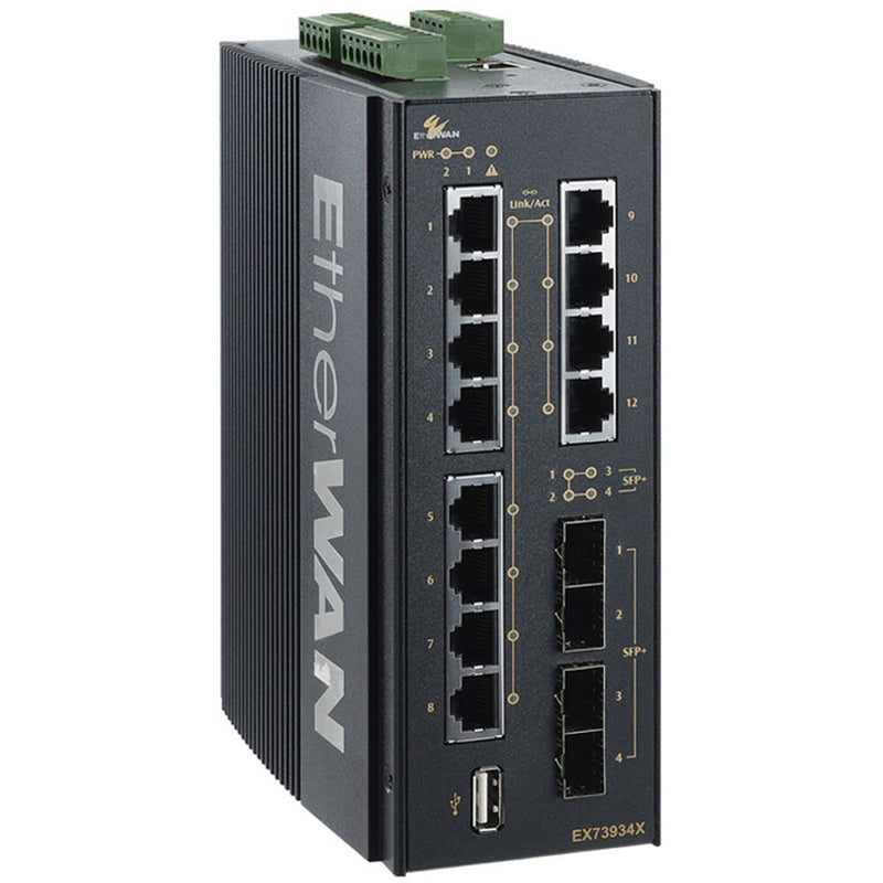 EtherWAN EX73900X Series Hardened Managed 12-Port Gigabit and 4-Port 10G SFP+ Ethernet Switch