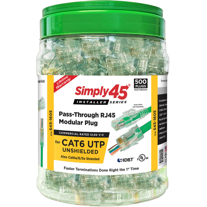 Simply45 S45-1605 Cat6 Unshielded Pass-Through RJ45 Connectors (500 Count)