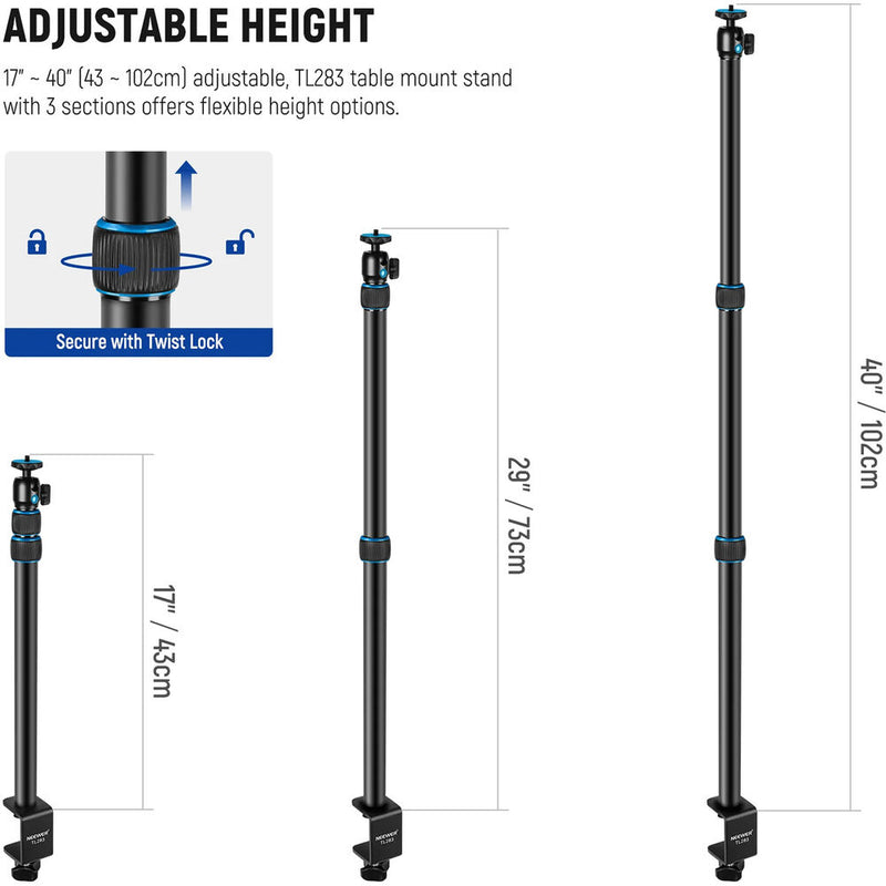 Neewer TL283 Extendable Desk Mount with Ball Head (Black/Blue)