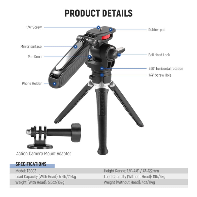 Neewer TS003 Mini Tripod with Handle and Phone Mount