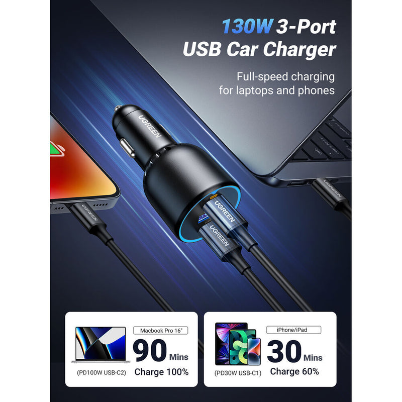UGREEN 130W 3-Port USB Car Charger with USB-C Cable