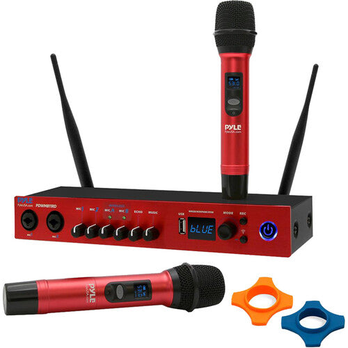 Pyle Pro UHF 2-Channel Wireless Handheld Microphone System with Bluetooth (510 to 590 MHz, Red)