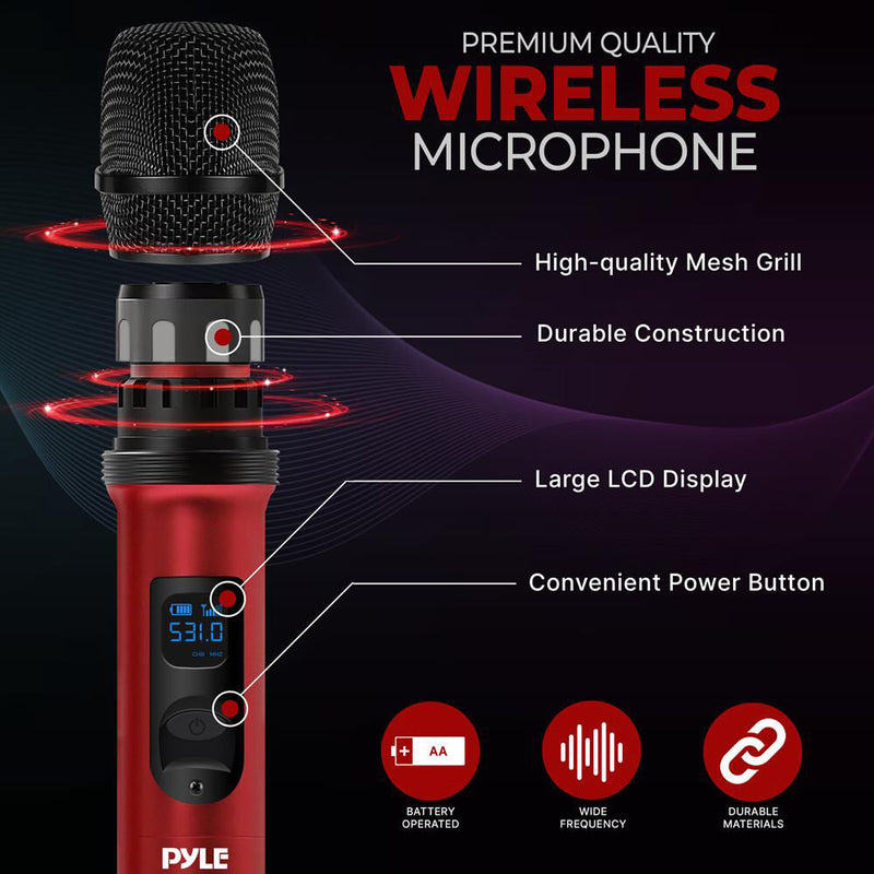 Pyle Pro UHF 2-Channel Wireless Handheld Microphone System with Bluetooth (510 to 590 MHz, Red)