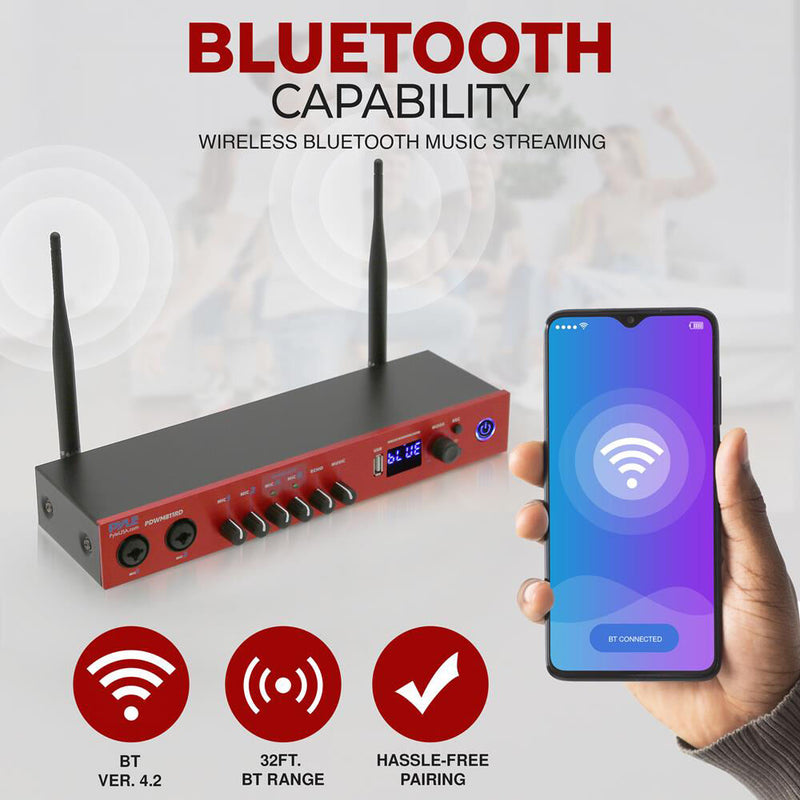 Pyle Pro UHF 2-Channel Wireless Handheld Microphone System with Bluetooth (510 to 590 MHz, Red)