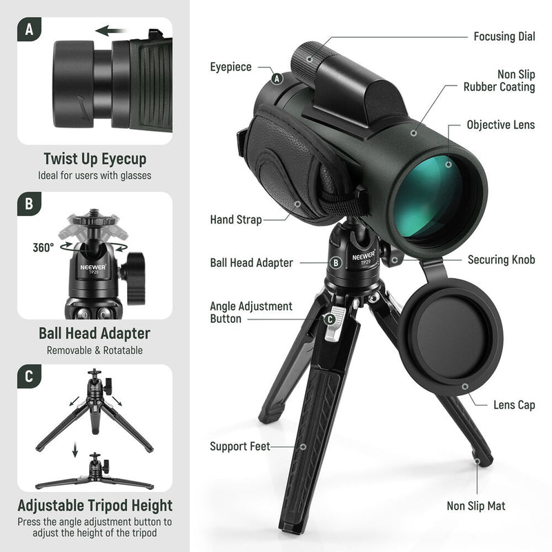 Neewer 12x50 ED Monocular with Tabletop Tripod and Smartphone Adapter Kit