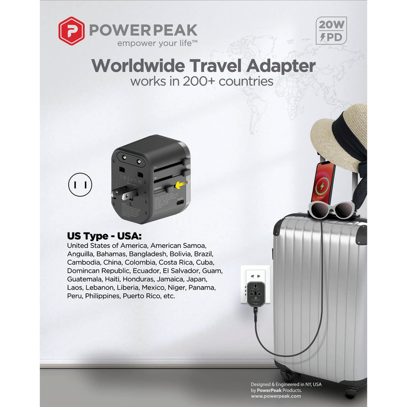 PowerPeak Universal Power Adapter with USB-C/USB-A Ports