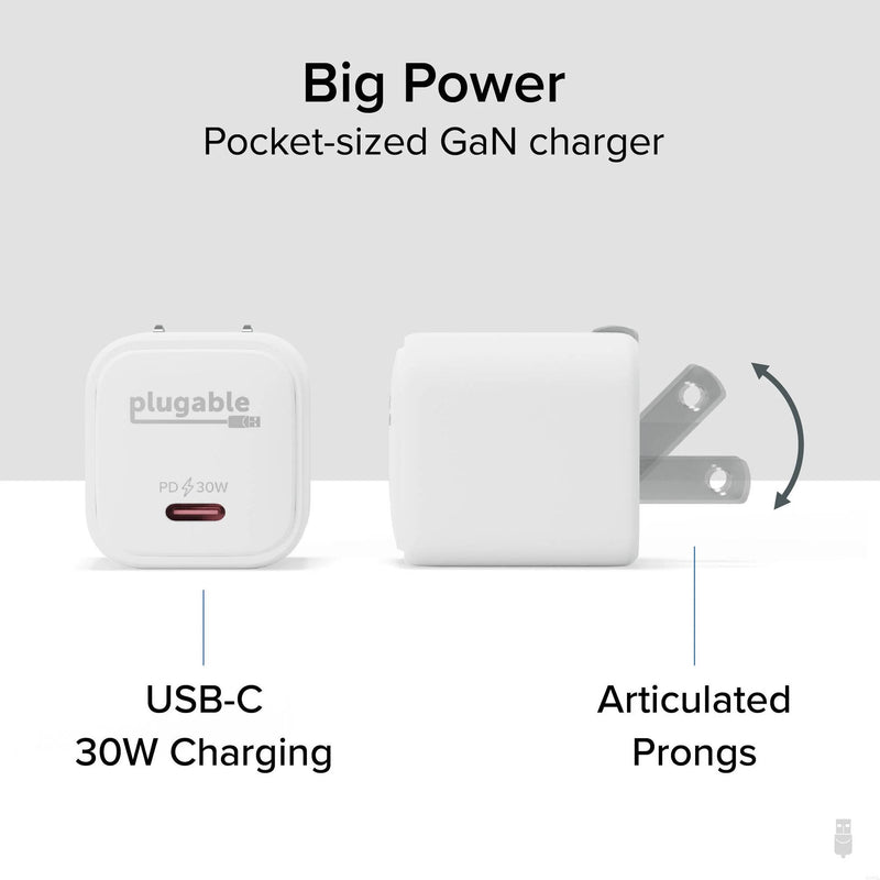 Plugable 30W GaN USB-C Wall Charger (White, 3-Pack)