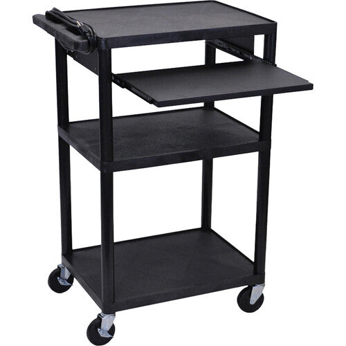 Luxor Three-Shelf Plastic Utility Cart 42" (Black, Electric, Pullout Shelf)