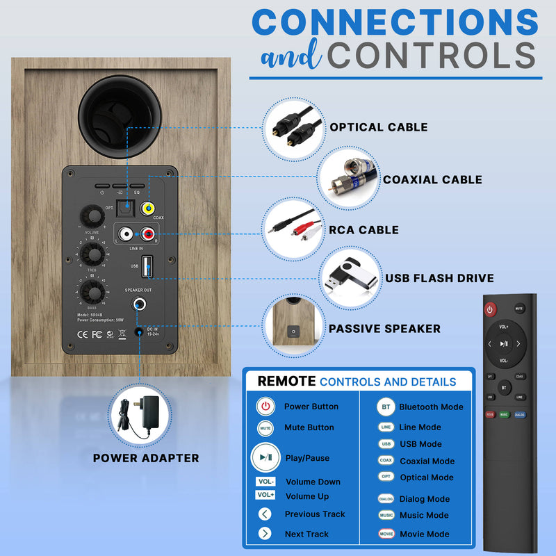 Pyle Home PBKSRB40 Active Bluetooth Bookshelf Speakers (Wood, Pair)