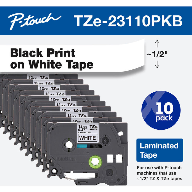 Brother TZe231 Laminated Tape for P-Touch Labelers (Black on White, 1/2" x 26.2', 10-Pack)