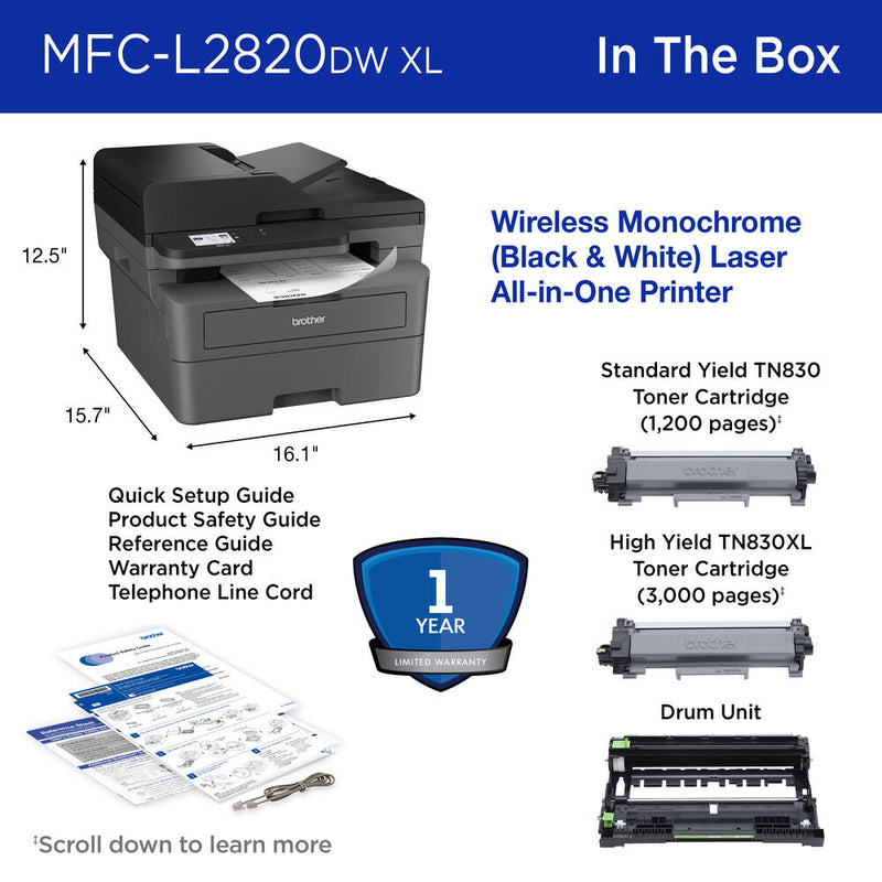 Brother MFC-L2820DW XL All-in-One Monochrome Laser Printer with High-Yield Toner (4200 Pages)