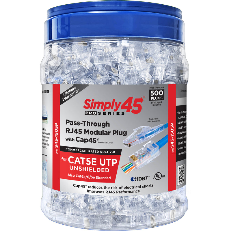 Simply45 ProSeries Cat 5e/6/6a Shielded RJ45 Pass-Through Modular Plug with Internal Ground (Blue, Cap45, 50-Pack)