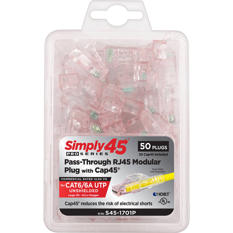 Simply45 ProSeries Cat 6/6a UTP Unshielded Pass-Through Modular Plug (Red, 50-Piece Clamshell Package)