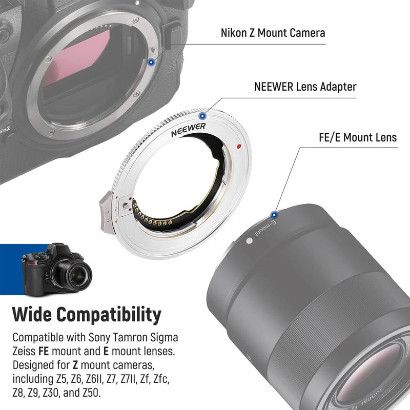 Neewer NW-ETZ Autofocus Adapter for FE/E-Mount Lens to Nikon Z-Mount Camera