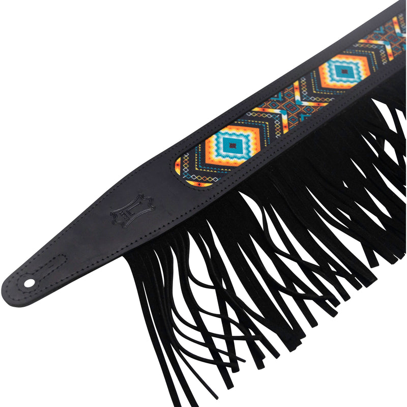 Gator Outlaw Series 2.5" Crazy Horse Black Leather Guitar Strap with Fringe Detail and Western Print