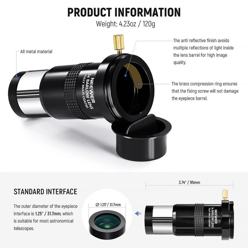 Neewer S-T11 3x Barlow Lens for 1.25" Telescope Eyepiece