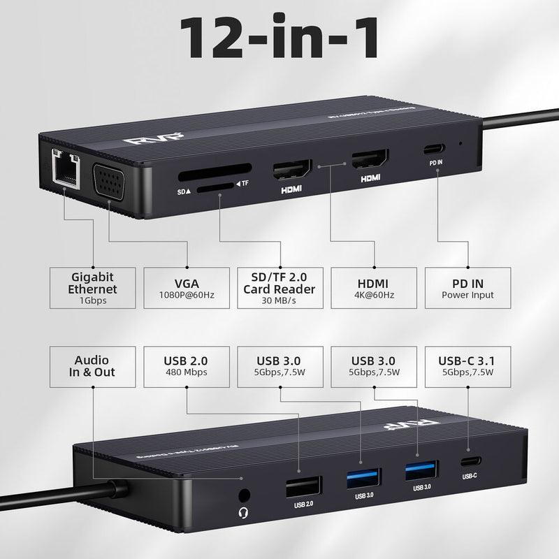 RVP+ RVP-USB012 12-in-1 USB-C 3.1 Gen 1 Docking Station