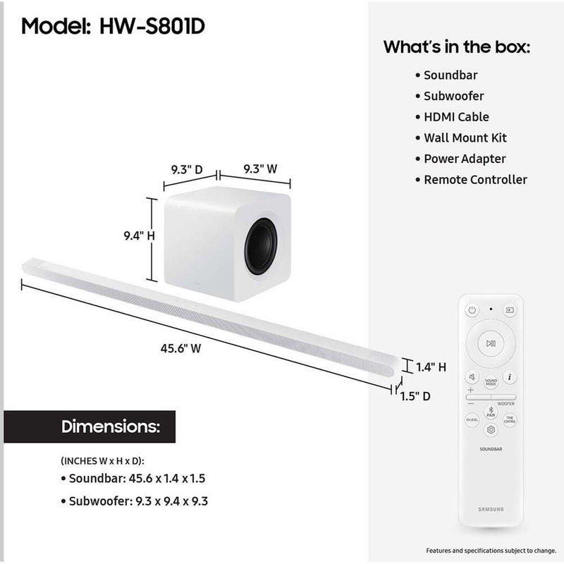 Samsung HW-S801D 3.1.2-Channel Dolby Atmos Soundbar System (White)